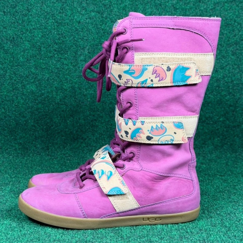 UGG Johnna Graffiti Sugar Plum Tall Boots Graphic Straps Women 7 Leather Lace Up - Picture 3 of 10